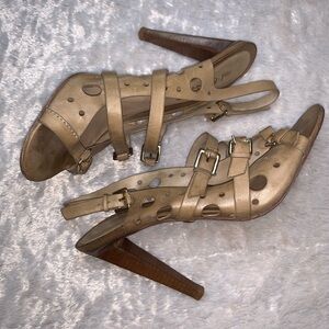 L.A.M.B. Tan Leather Swiss Hole Pumps with Gold Buckle Ankle Straps Size 10